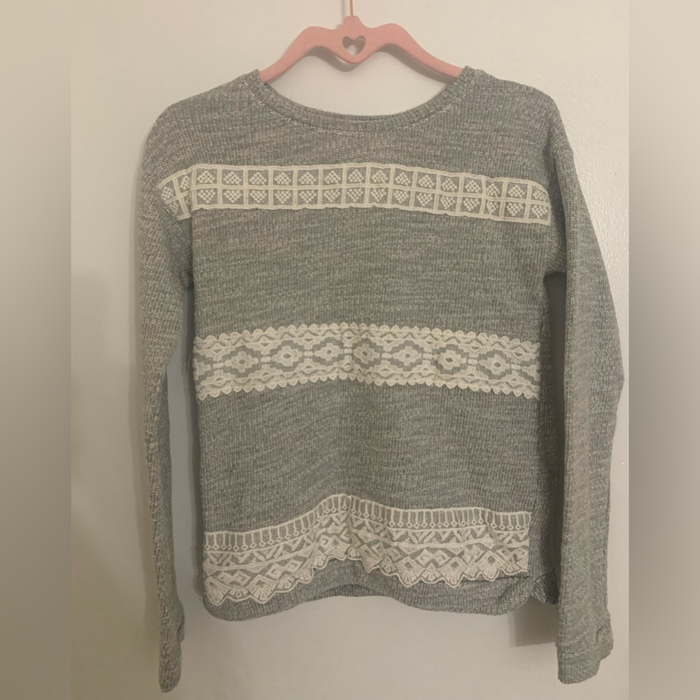 2010s It's Our Time Gray Sweater with White Lace Accents
